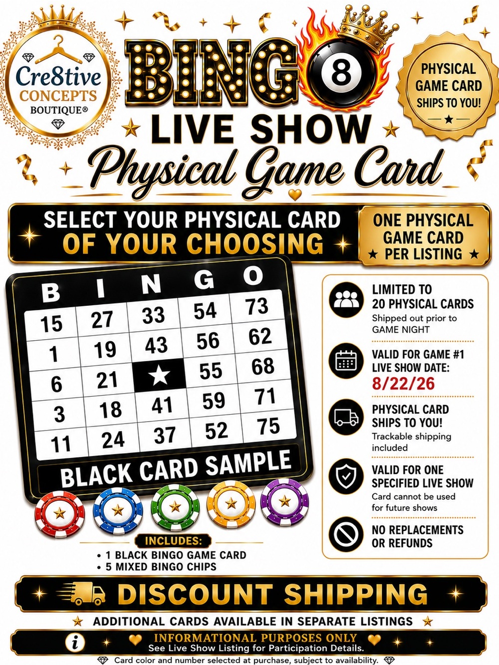 Buy NOW: BLACK BINGO Card plus 5 Colored Chips-Pick One!!